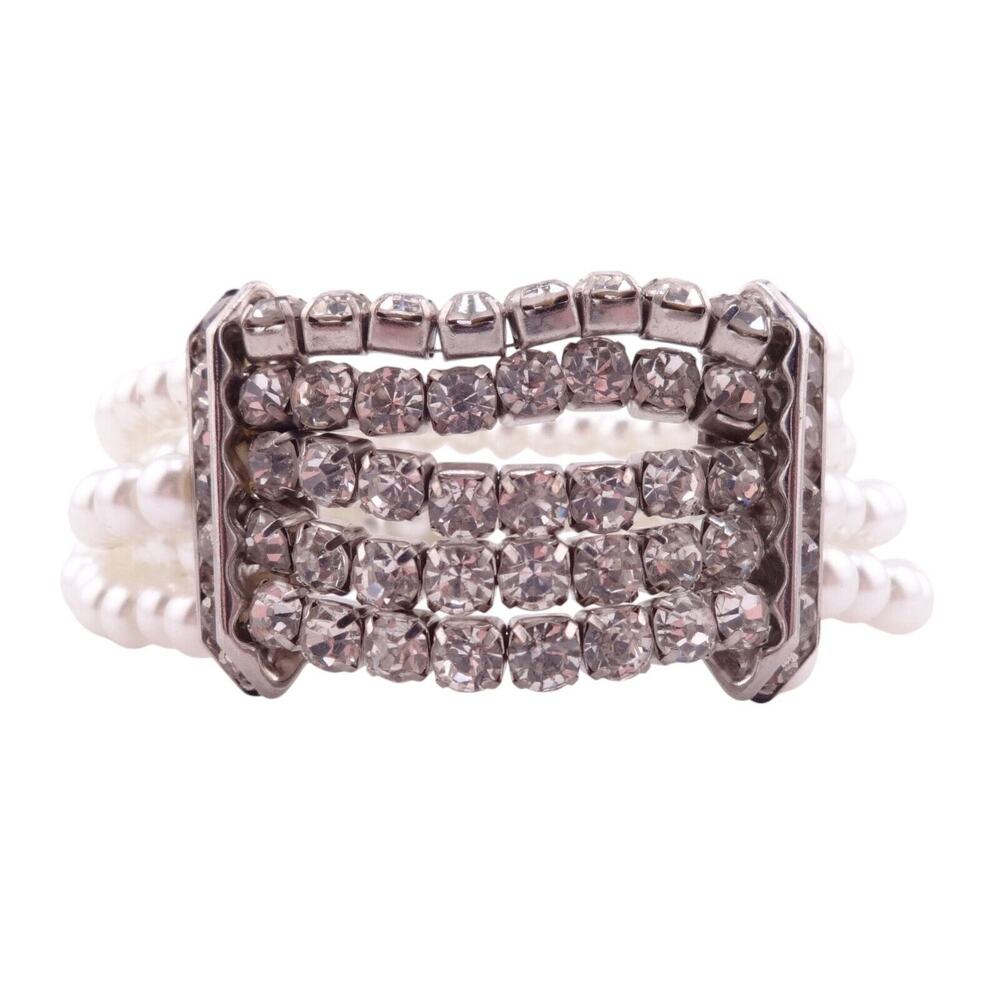 Ole Clear Rhinestone with White Faux Pearl Stretch Silvertone Bracelet NWT